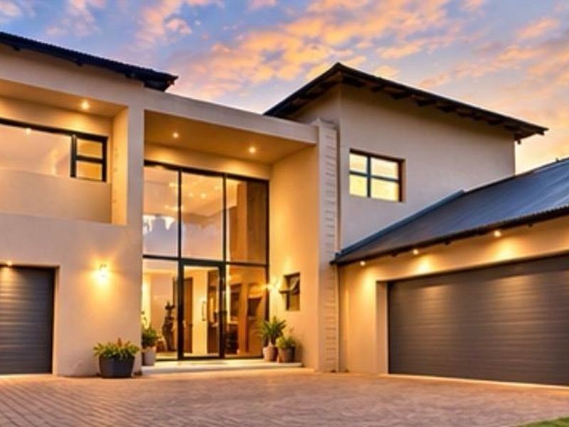 Modern double-story residence featuring a striking double-volume entrance, triple garage configuration, and paved driveway, set against a beautifully lit evening sky.
