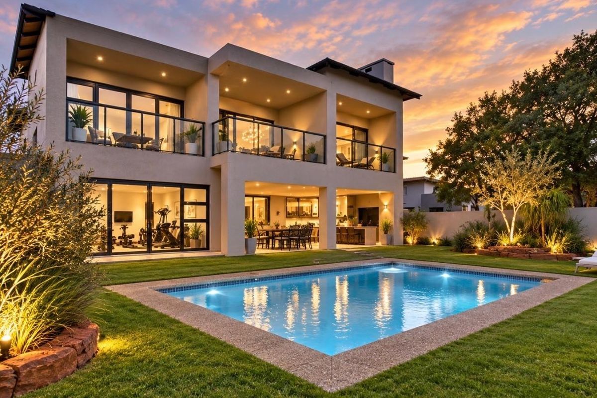 A stunning rear exterior view of a modern two-story home featuring a swimming pool, landscaped garden, covered patio, and upper-level balconies at sunset.