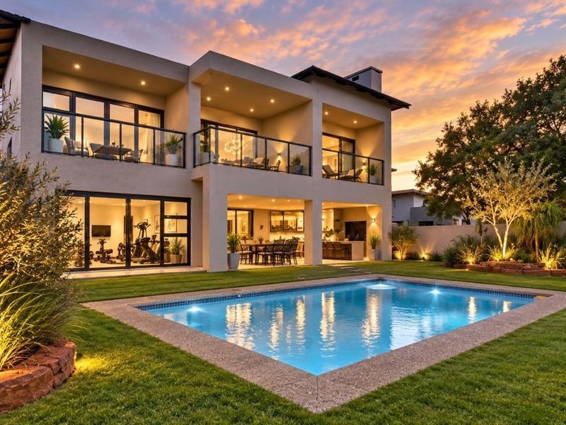A stunning rear exterior view of a modern two-story home featuring a swimming pool, landscaped garden, covered patio, and upper-level balconies at sunset.