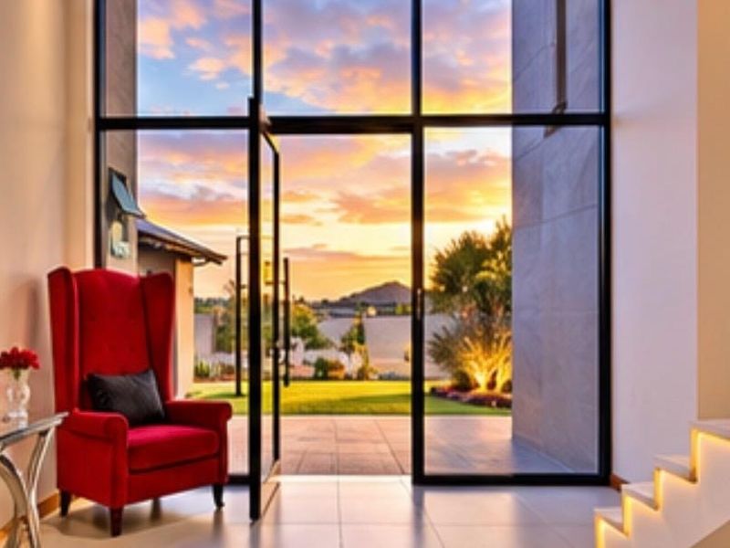 Elegant entrance hall featuring floor-to-ceiling glass doors, a modern staircase with integrated LED lighting, and high-quality tiled flooring with a view of the garden.