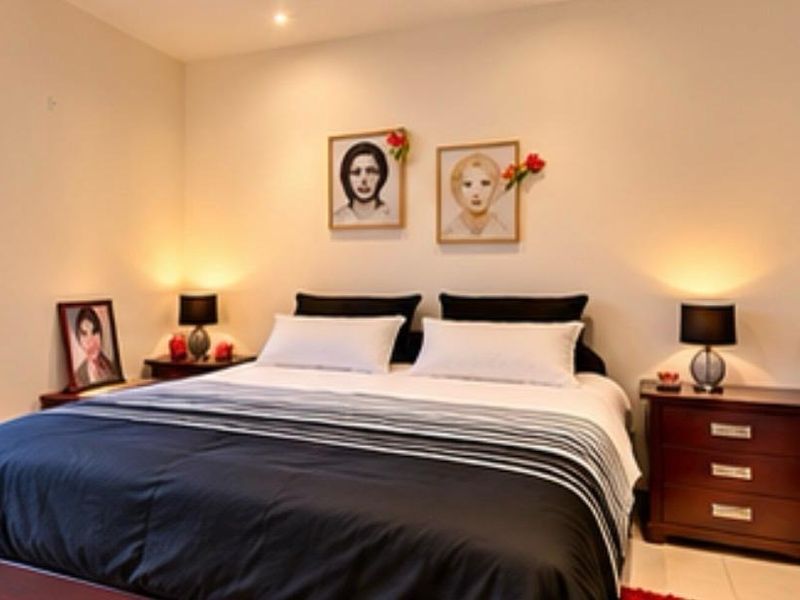 A well-maintained bedroom featuring neutral walls, recessed downlighting, a casement window, and a modern timber veneer door.