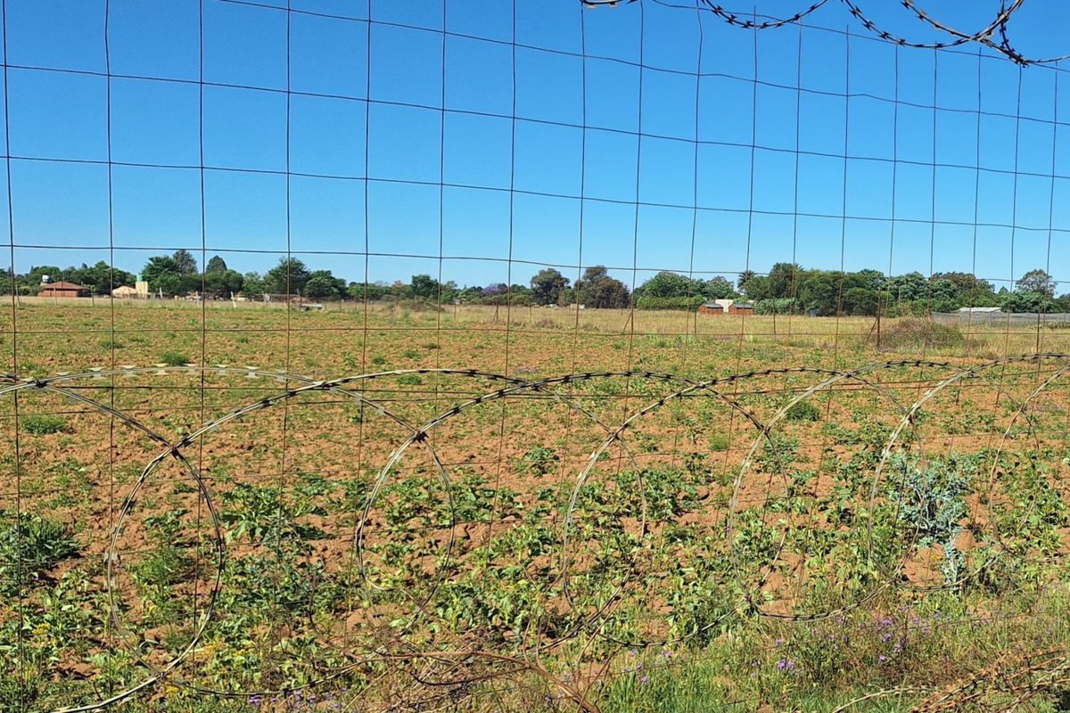 An expansive open field on a small holding, secured by wire mesh fencing topped with razor wire.