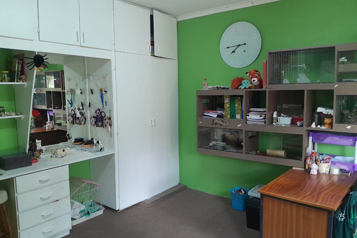 A bedroom featuring built-in white cabinetry with integrated vanity and storage, finished with green painted walls and carpeted flooring.