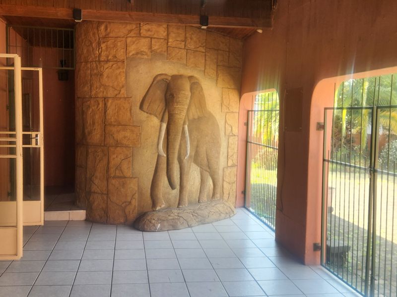 Covered patio area featuring a built-in braai, tiled flooring, and a unique decorative stone wall element, providing a functional outdoor entertainment space.