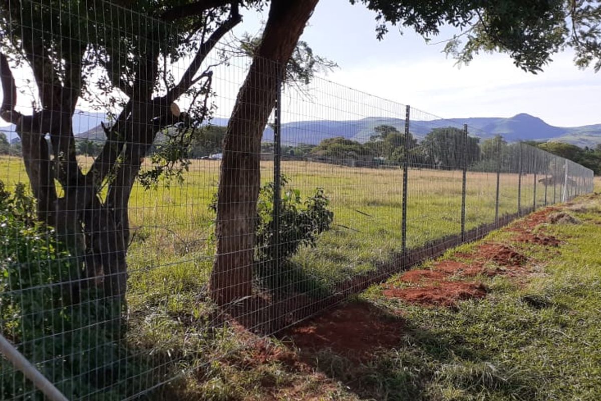 A view of the vacant residential land featuring newly installed wire mesh perimeter fencing and mature trees with mountain views in the background.