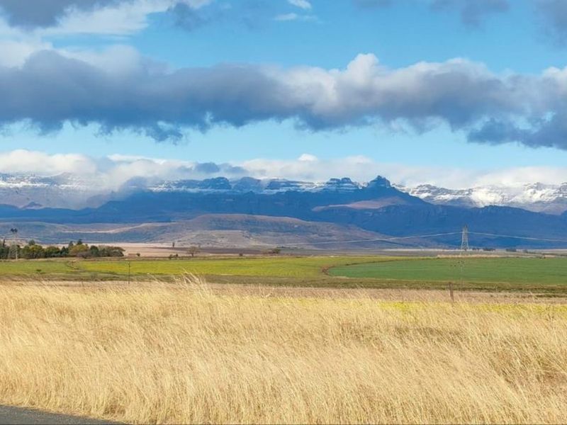 A scenic landscape view showcasing expansive open fields and distant snow-capped mountain ranges under a cloudy sky.