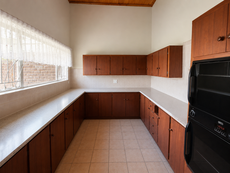 A spacious, empty kitchen featuring extensive wooden cabinetry, laminate countertops, tiled flooring, and a built-in double oven under a high timber ceiling.