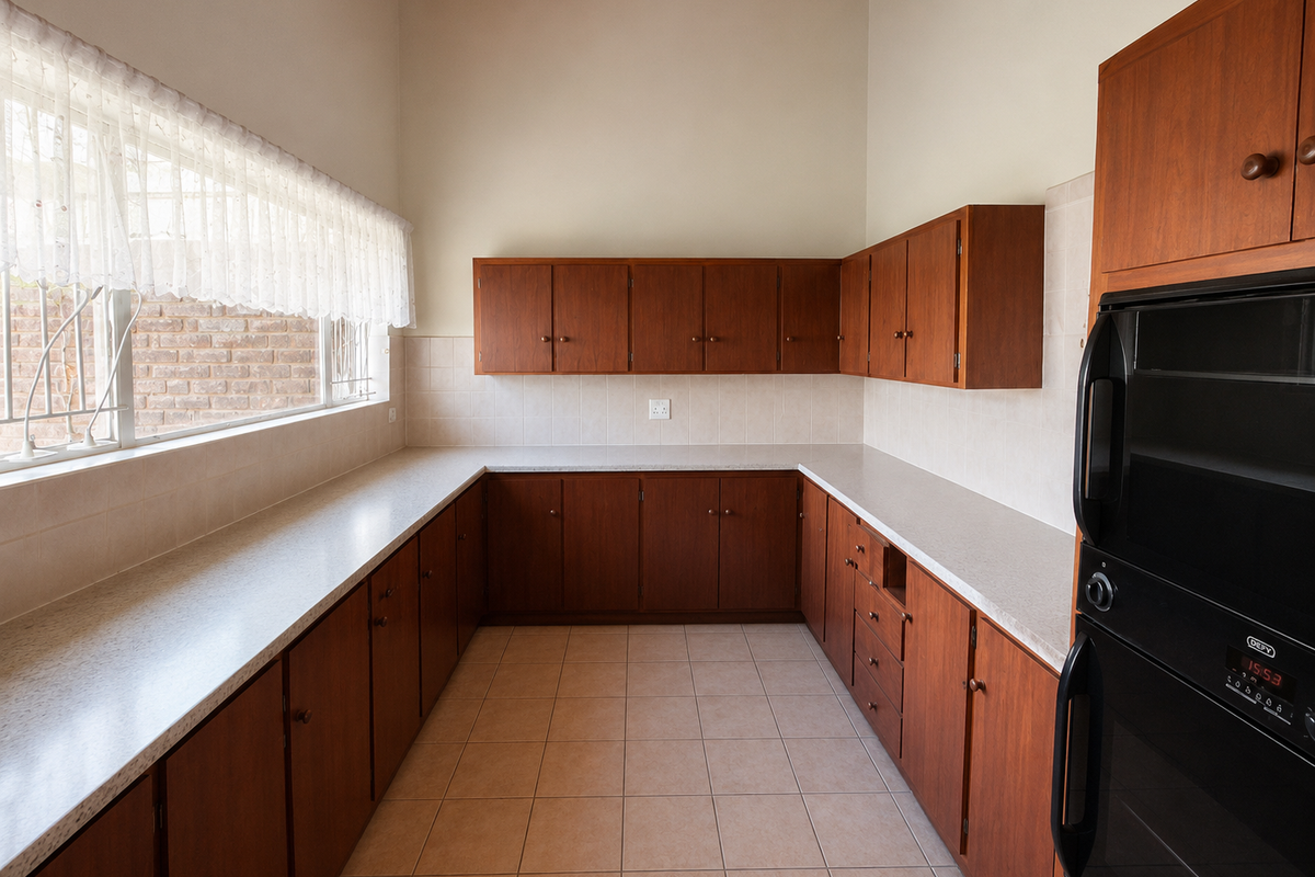 A spacious, empty kitchen featuring extensive wooden cabinetry, laminate countertops, tiled flooring, and a built-in double oven under a high timber ceiling.