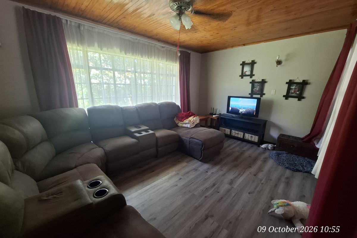 A comfortable living room featuring a warm timber-paneled ceiling, a central ceiling fan, and modern laminate flooring.