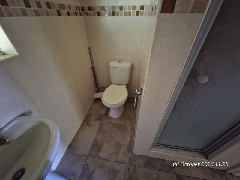 A functional bathroom featuring a pedestal basin, toilet, and shower enclosure with tiled finishes and a decorative mosaic border.