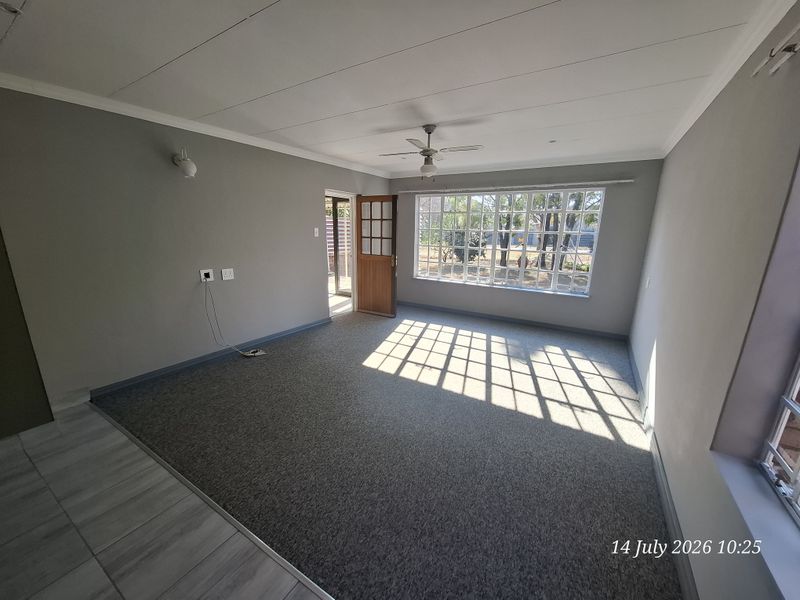 A spacious, empty living room featuring carpeted flooring, a ceiling fan, and large grid-pattern windows that provide ample natural light.