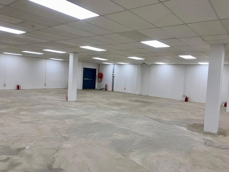 A large, open-plan commercial space featuring a suspended ceiling, recessed lighting, structural columns, and fire safety equipment, ready for custom fit-out.