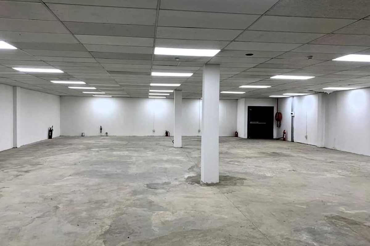 A large, open-plan retail or commercial space featuring a suspended ceiling, recessed lighting, and exposed concrete flooring, suitable for various business configurations.