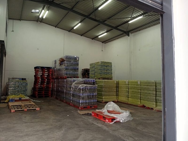 A spacious industrial warehouse unit featuring high-clearance ceilings, exposed steel trusses, durable concrete flooring, and functional overhead fluorescent lighting.
