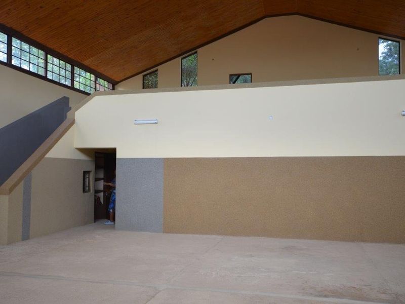 Spacious open-plan commercial area featuring a high timber-clad vaulted ceiling, concrete flooring, and large clerestory windows providing ample natural light.