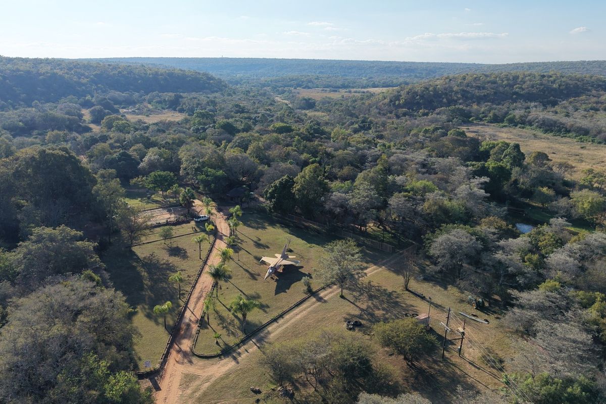 An aerial view of a large farm property featuring expansive natural landscape, mature trees, and established dirt access roads.