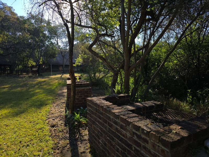 A rustic outdoor garden area featuring a traditional brick braai, surrounded by mature trees and natural landscaping on a farm property.