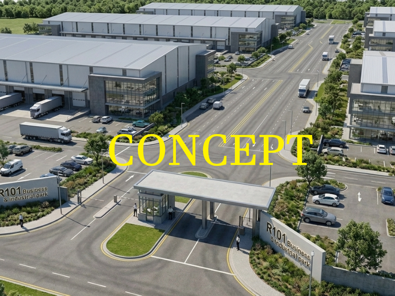 Aerial view of the R101 Business and Industrial Park, featuring modern warehouse facilities, secure gatehouse access, and extensive parking infrastructure.
