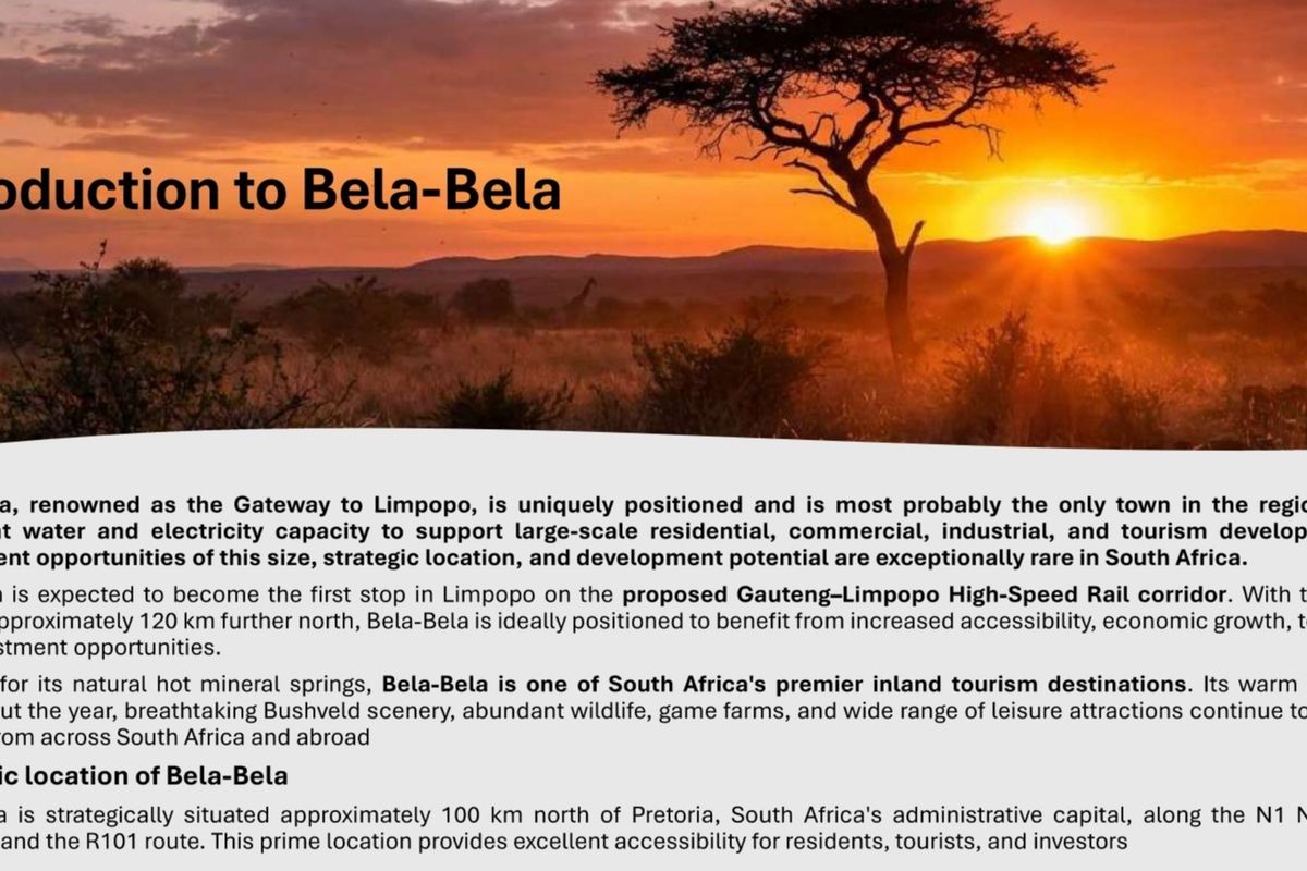 An informational marketing slide providing an overview of the Bela-Bela region, highlighting its strategic location, infrastructure, and tourism potential.