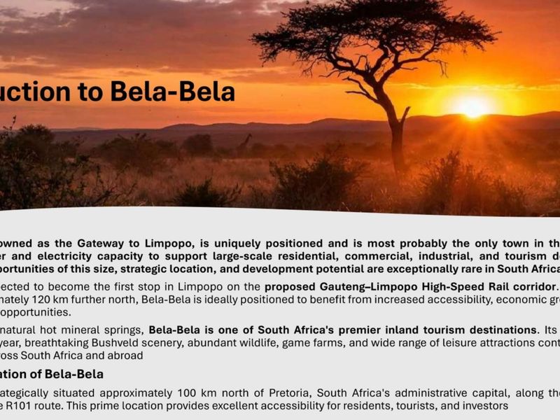 An informational marketing slide providing an overview of the Bela-Bela region, highlighting its strategic location, infrastructure, and tourism potential.