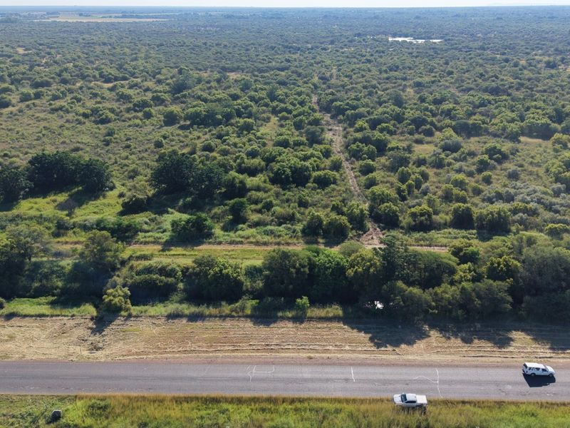 Aerial view of a large, undeveloped commercial land parcel featuring native vegetation and direct access to an adjacent asphalt road.