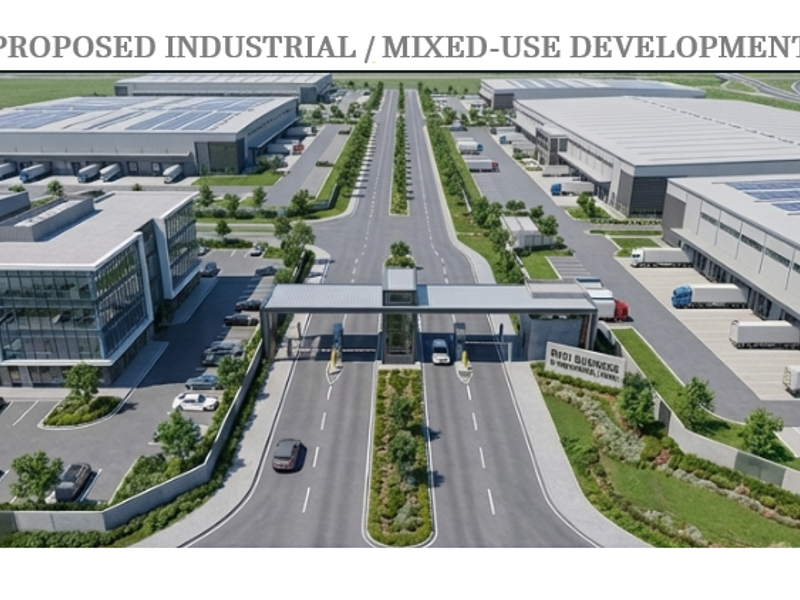 An aerial rendering of a proposed industrial and mixed-use development featuring a secure gated entrance, warehouse facilities, and modern office space.