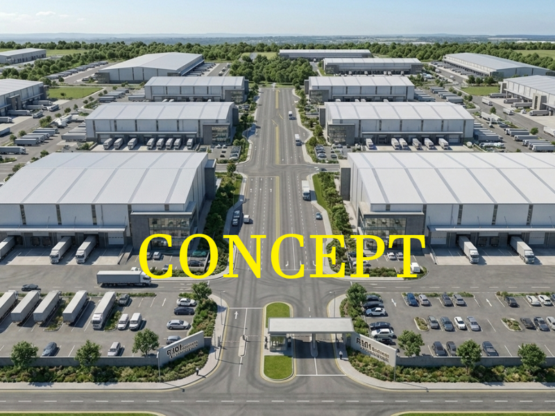 Aerial view of a large-scale commercial industrial park featuring multiple warehouse units, extensive loading bays, and a structured road and parking network.