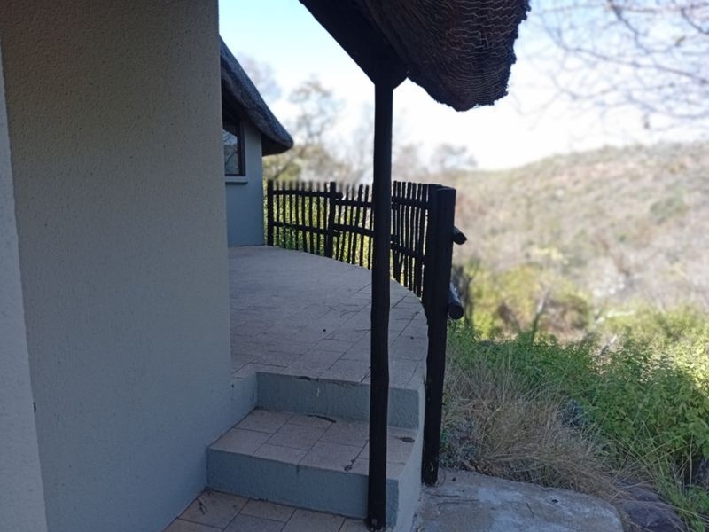 A covered outdoor patio area featuring a thatched roof, paved flooring, and timber railing, overlooking a natural landscape.
