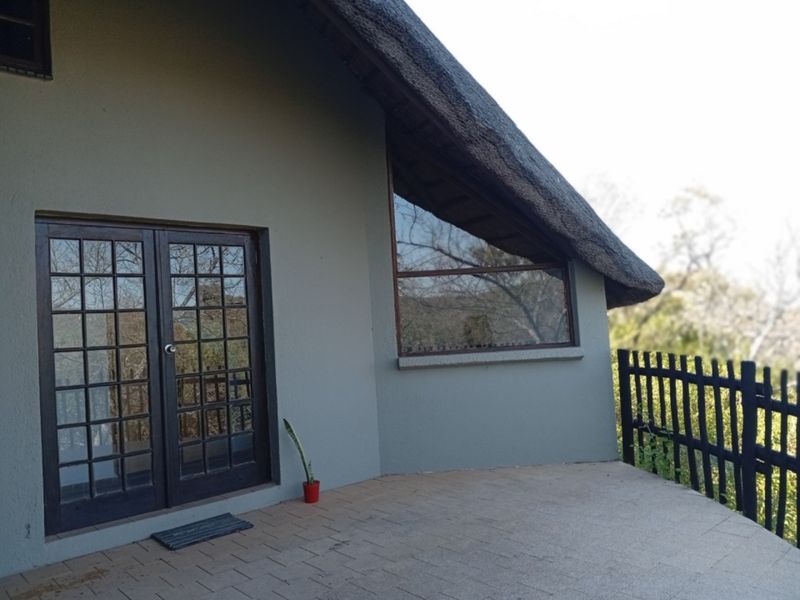 A covered patio area featuring a thatched roof, paved flooring, and dark-framed french doors leading into the property.