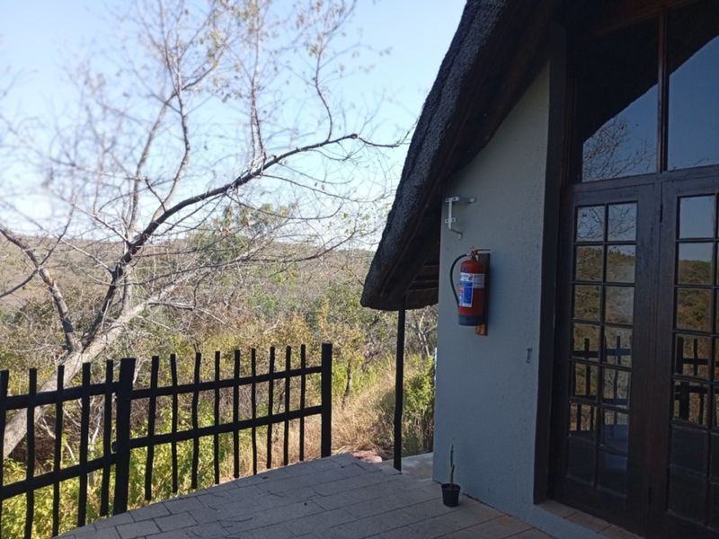 A covered patio area featuring paved flooring, a thatched roof overhang, and a timber-framed glass door, overlooking the surrounding natural landscape.