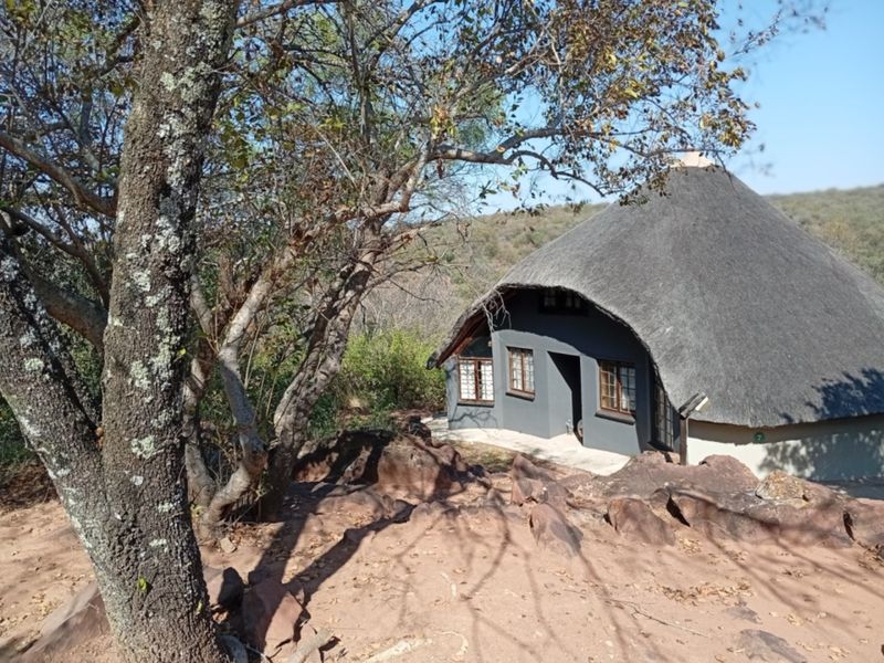 A charming cottage with a traditional thatch roof, set in a natural rocky landscape with mature trees.