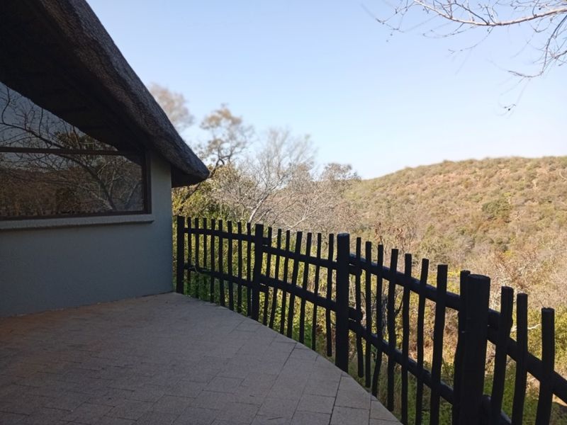 A paved outdoor patio area featuring a thatched roof overhang and a timber fence, offering scenic views of the surrounding natural landscape.