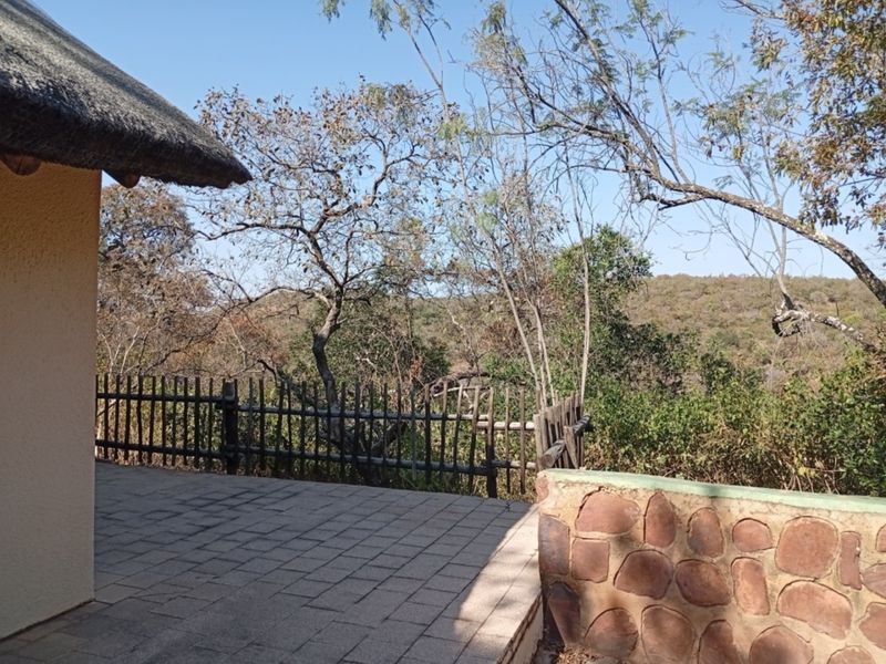 A paved outdoor patio area featuring a thatched roof overhang, stone retaining wall, and timber fencing overlooking a natural bushveld landscape.