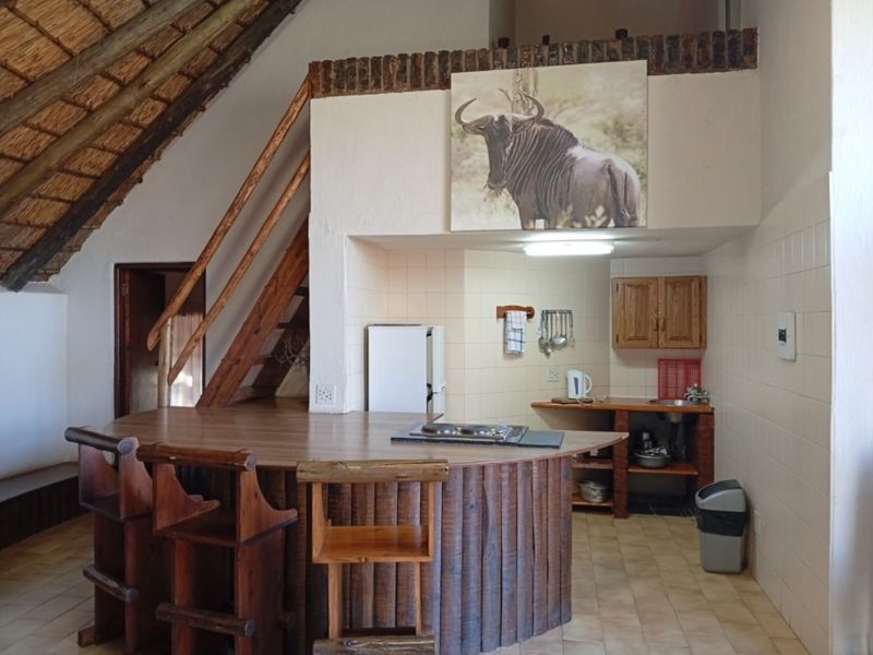 Open-plan kitchen and living area featuring a rustic wooden breakfast bar, thatched roof ceiling, and a built-in kitchen workspace with tiled finishes.