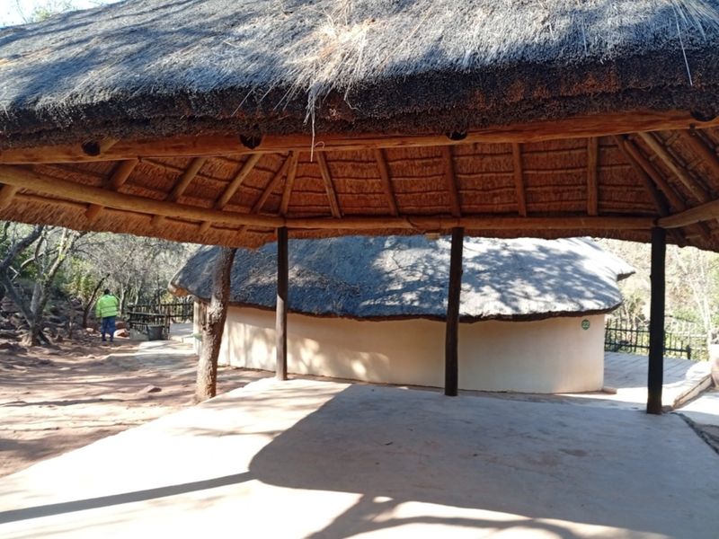 A covered outdoor patio area featuring a traditional thatched roof supported by timber posts, overlooking a natural garden setting.