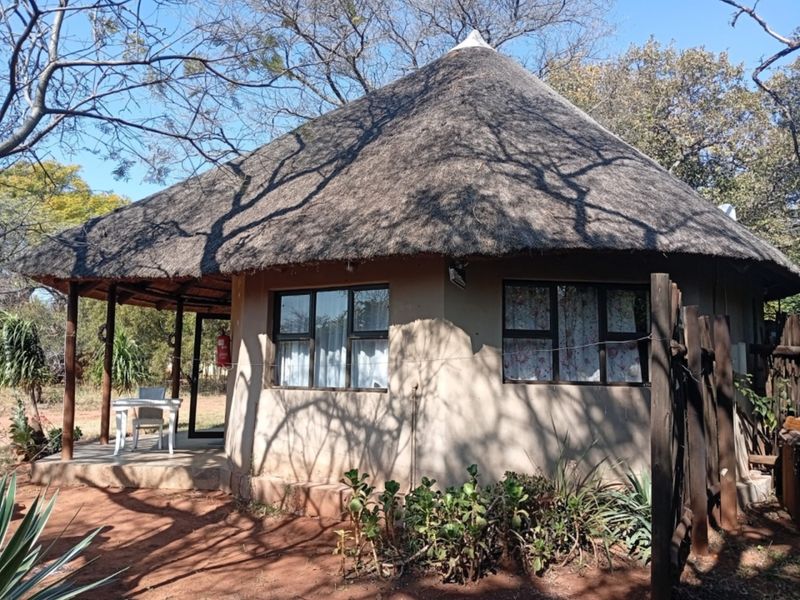 A rustic circular cottage featuring a traditional thatch roof, covered patio area, and aluminium-framed windows set in a natural bushveld environment.