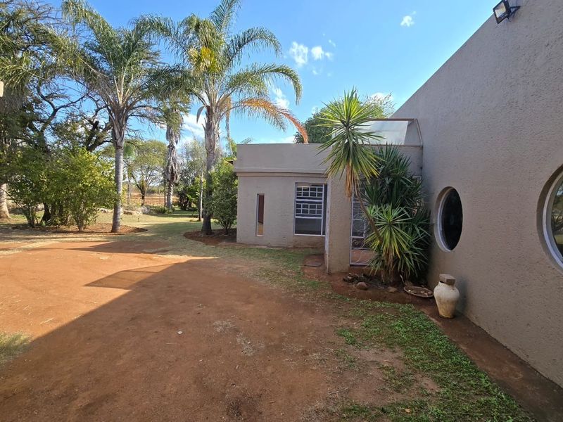 Rear exterior view of the property featuring unique circular windows, stucco wall finish, and a spacious garden area with mature palm trees.