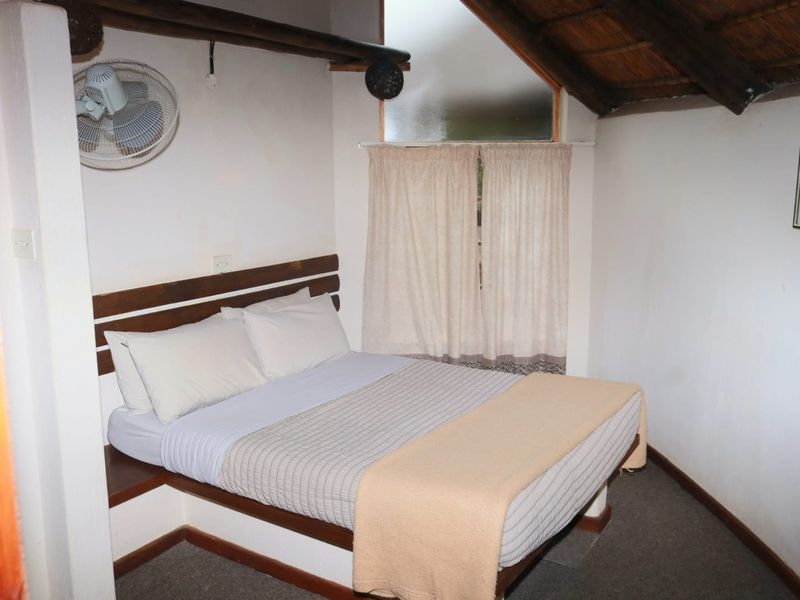 A cozy bedroom featuring a built-in wooden headboard, a unique thatched roof ceiling, and a wall-mounted fan.