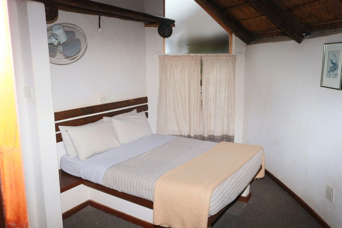 A cozy bedroom featuring a built-in wooden headboard, a unique thatched roof ceiling, and a wall-mounted fan.