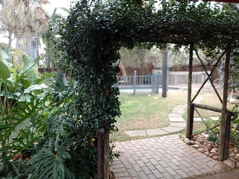 A garden view featuring a rustic wooden pergola, brick paved walkway, and a glimpse of the swimming pool area in the background.