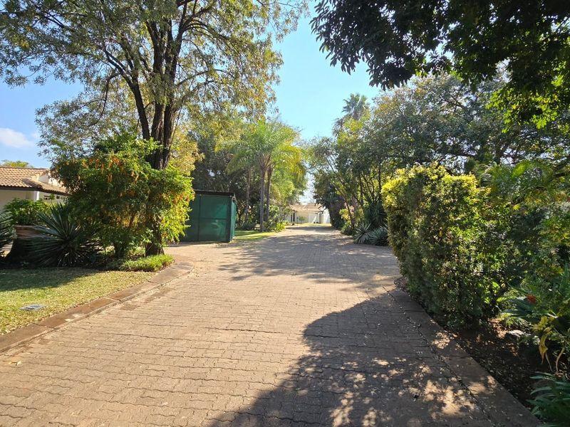 A well-maintained paved driveway leading through a lush, mature garden setting within the retirement village grounds.