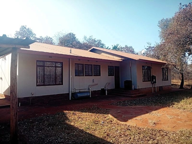 Rear view of a single-story small holding dwelling featuring a corrugated metal roof, brick plinth, and security-fitted windows.