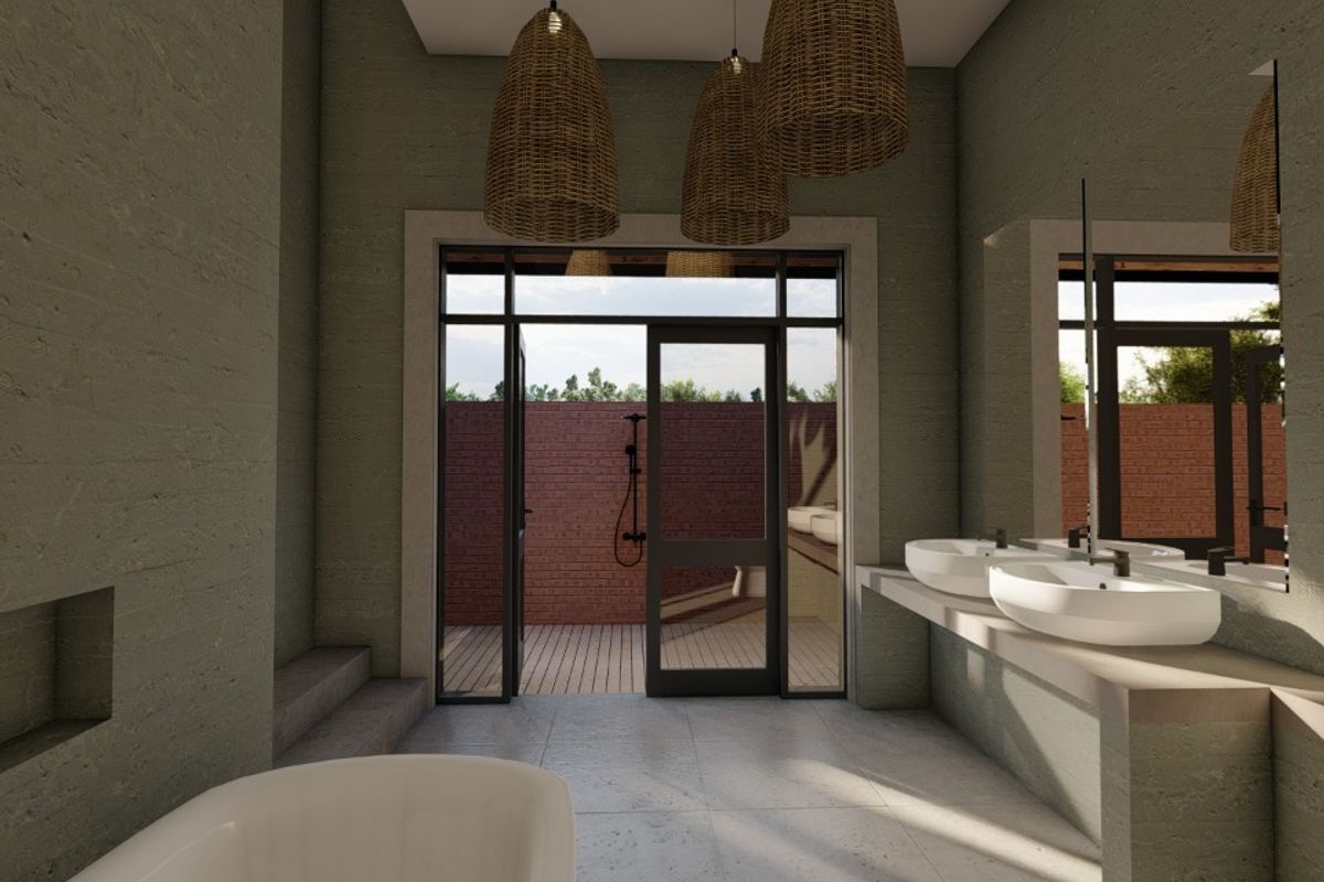 Modern bathroom featuring a double vanity with vessel sinks, a freestanding bathtub, and direct access to a private outdoor shower area with timber decking.