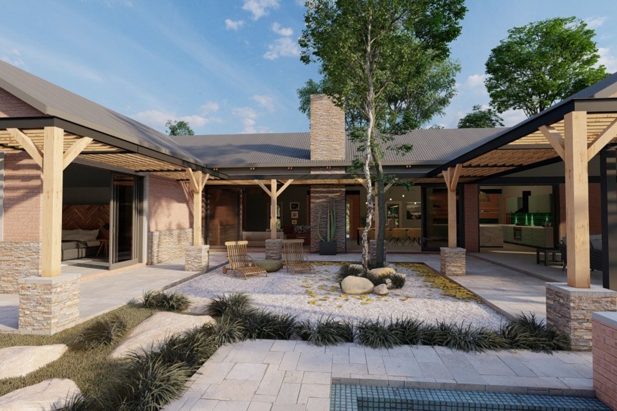 A beautifully designed rear courtyard featuring a central landscaped garden, stone chimney, timber pergolas, and a modern plunge pool.