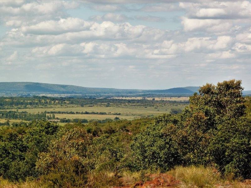 A scenic, elevated landscape view overlooking expansive natural bushveld, rolling hills, and open plains under a clear sky.