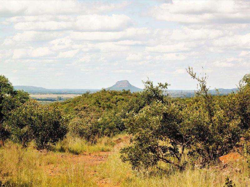 A scenic landscape view overlooking natural bushveld and distant hills, showcasing the expansive terrain of the vacant residential property.