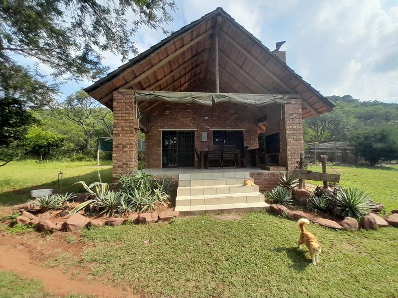 A charming rustic farm cottage featuring exposed brickwork, a traditional thatched roof, and a covered patio area with a built-in braai.