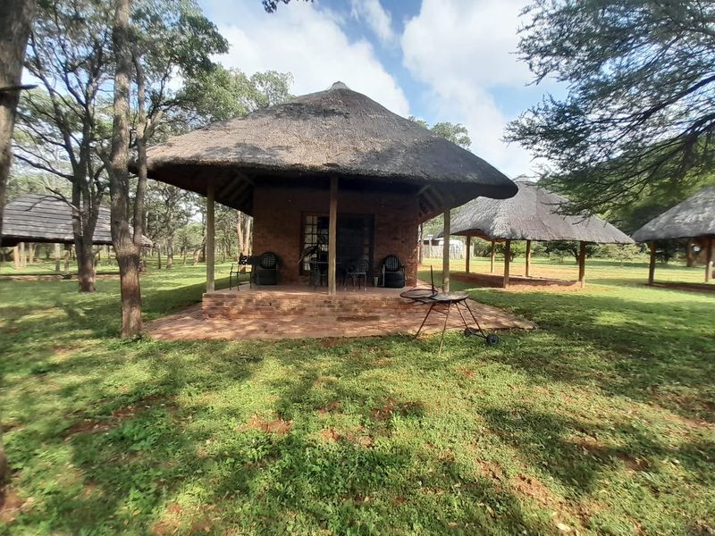 A rustic farm-style cottage featuring a traditional thatched roof, brick exterior, and a covered patio area set within a natural wooded landscape.