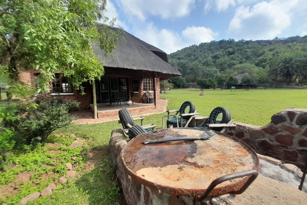 Rear view of a rustic farmhouse featuring a thatched roof, covered patio, and a stone-built outdoor braai area set within a spacious garden.