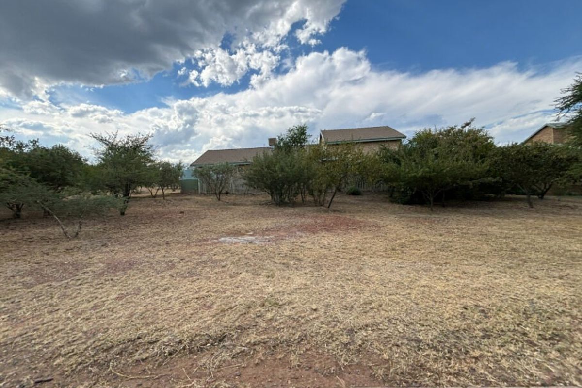 A view of the rear yard area featuring dry grass, established trees, perimeter fencing, and a water tank.